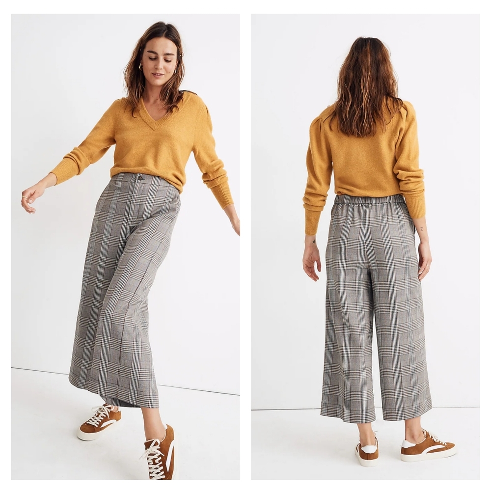 Madewell Gray Plaid Wide-Leg Cropped Pants with Elastic Back Waist